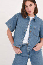 Cropped Denim Bluse AUGUSTA in Mittelblau