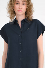 Kurzarm-Bluse aus Leinen-Mix in Navy