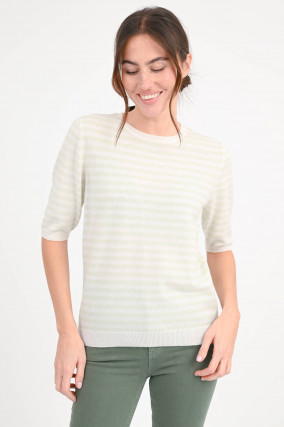 Kurzarm-Cashmere-Pullover on Soft Green/Creme