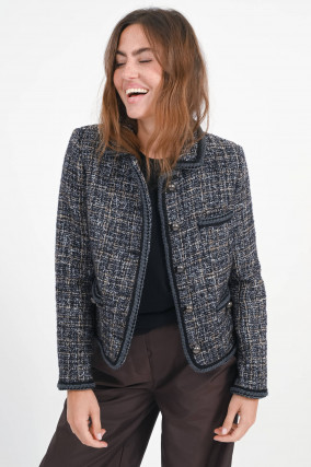 Tweed Jacke mit Stick-Details in Schwarz/Beige