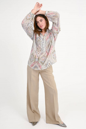 Bluse mit Ballonärmeln in Khaki/Multi gemustert
