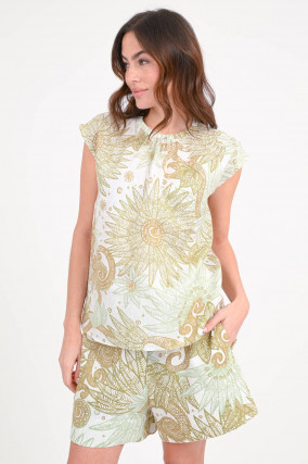 Leinentop ULENI in Grün/Braun/Weiß gemustert