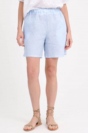 Gestreifte Leinshort in Hellblau/Weiß