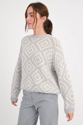 Pullover aus Wollmix in Hellgrau/Weiß gemustert