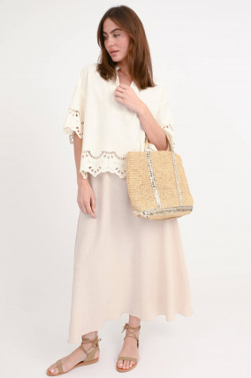 Bast-Tasche CABA M mit Pailletten-Detail in Natur