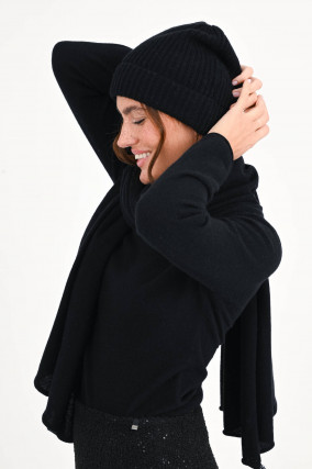 Rippstrickmütze aus Cashmere in Schwarz