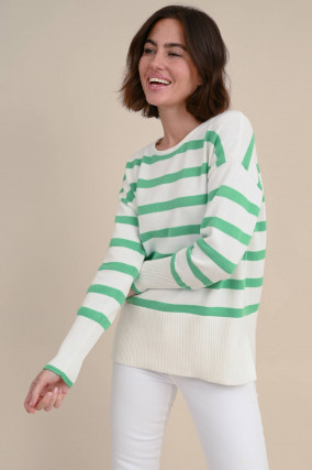 Baumwolle Pullover in Weiß/Grün gestreift