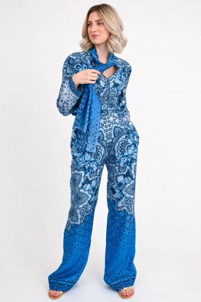 Seiden Hose mit All-Over-Print in Blau