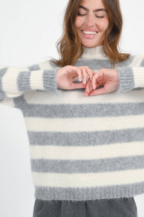 Alpaka Pullover mit Querstreifen in Natur/Grau