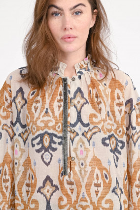 Bluse mit Ballonärmeln in Beige/Braun gemustert