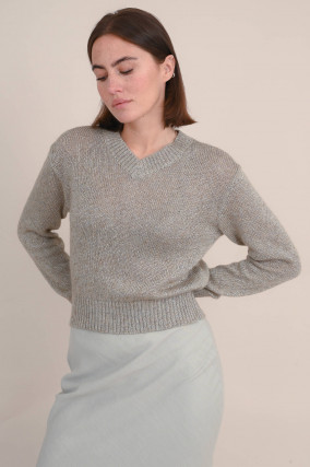 Strickpullover mit Lurexfäden in Beige/Gold