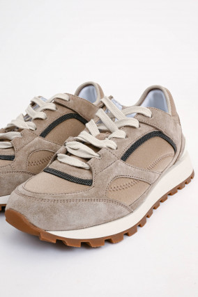 Sneaker aus Veloursleder/Textil-Mix in Taupe