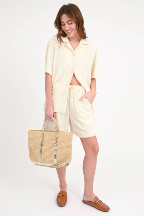 Frottee-Shorts mit Blumen-Muster in Creme