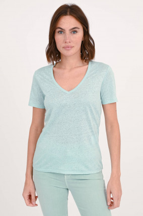 T-Shirt mit V-Neck aus Leinen in Mint