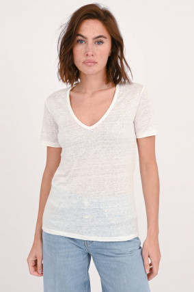 T-Shirt mit V-Neck aus Leinen in Ivory