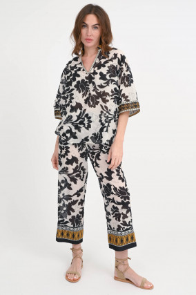 Gemusterte Tunika-Bluse in Schwarz/Weiß/Ocker