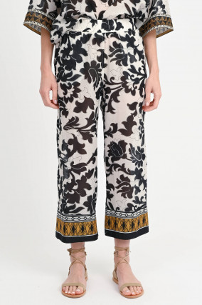 Gemusterte Wide-Leg Culotte in Schwarz/Weiß/Ocker
