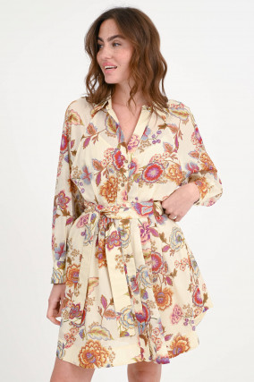 Gemustertes Mini-Kleid in Natur/Orange/Pink