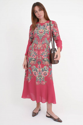 Gemustertes Midi-Kleid in Dunkelrot/Multicolor 