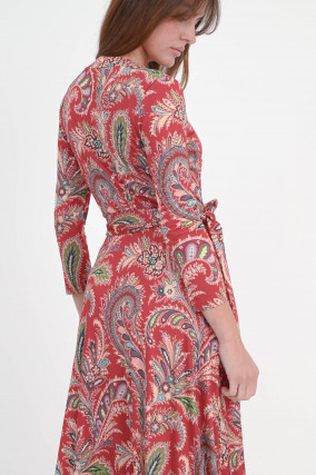 Gemustertes Midi-Kleid in Dunkelrot/Multicolor