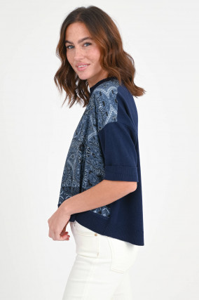 Strickpullover mit Seidenfront in Blau