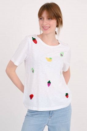 T-Shirt mit gehäkelten Früchten in Weiß