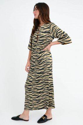 Satin Kleid im Knitter-Look in Beige/Schwarz