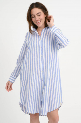 Gestreiftes Leinenkleid in Atlantic/Weiß