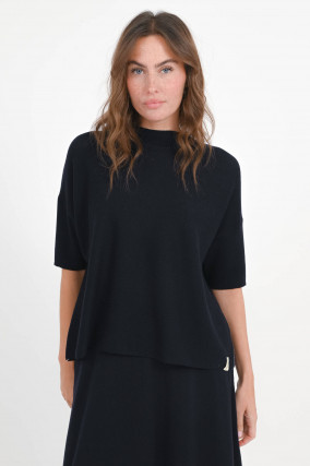 Woll-Pullover mit verlängertem Kurzarm in Navy