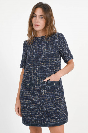 Tweed Kleid mit aufgesetzten Taschen in Blue/Beige