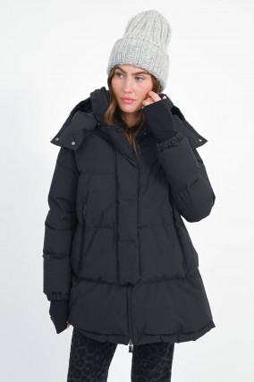 Daunen-Kurzmantel mit Kapuze in Black