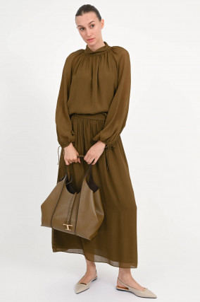Viskose-Bluse mit Stehkragen in Teak