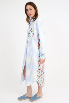 Baumwoll-Seiden-Mix Kleid in Blau/Multi gemustert