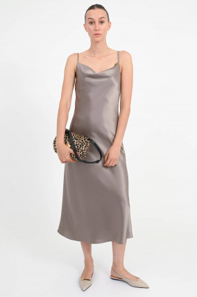 Midi-Satinkleid in Khaki mit changierendem Stoff