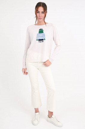 Woll-Cashmere-Pullover mit Frosch in Creme