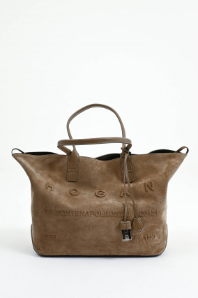 Shopper aus Veloursleder in Taupe