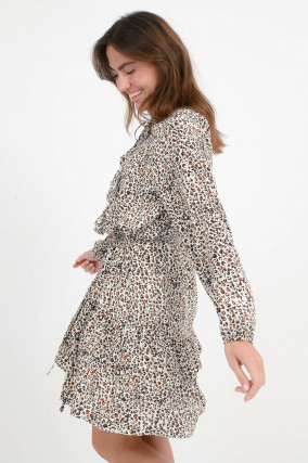 Kleid mit Leo-Print und Rüschen in Weiß/Braun