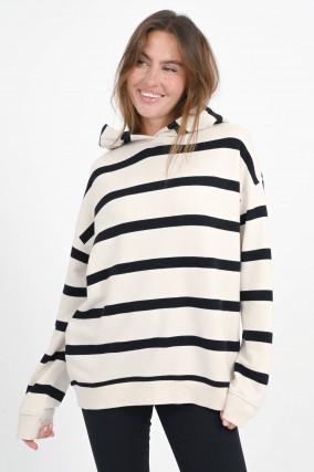Gestreifter Kapuzenpullover in Schwarz/Creme