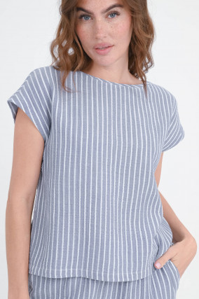 Boxy Musselin-Shirt in Graublau/Weiß gestreift