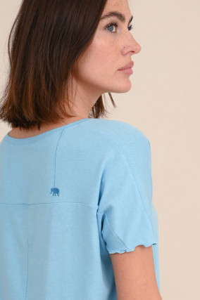 Shirt aus Baumwoll-Mix mit Rüschensaum in Hellblau