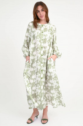 Maxi-Seidenkleid in Grün/Creme gemustert