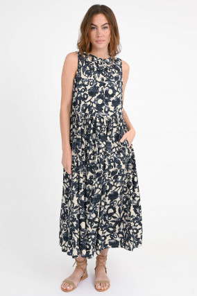 Kleid aus Popeline in Ecru/Navy geblümt