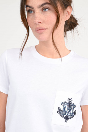 T-Shirt mit Anker-Stickerei in Weiß/Navy