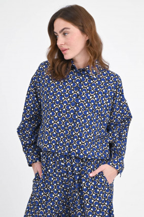 Cropped Bluse in Blau/Beige gemustert
