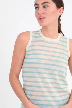 Gestreiftes Top aus Cashmere in Türkisblau/Natur