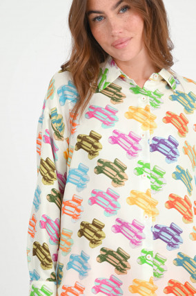 Seiden-Bluse mit Liegestühle in Creme/Multicolor