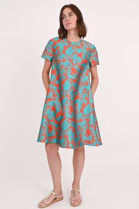 Kleid mit All-Over-Print in Orange/Türkis