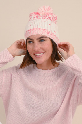 Beanie mit Pompom in Rosa/Weiß