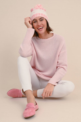 Beanie mit Pompom in Rosa/Weiß