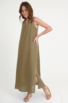 Leinen-Kleid mit dekorativen Rücken in Khaki